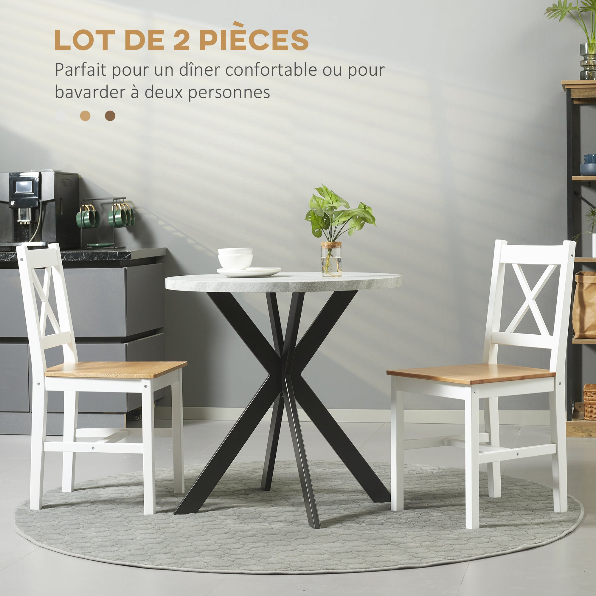 Set of 2 dining chairs made of solid wood, kitchen chairs in country style with crisscross backrest in white and oak