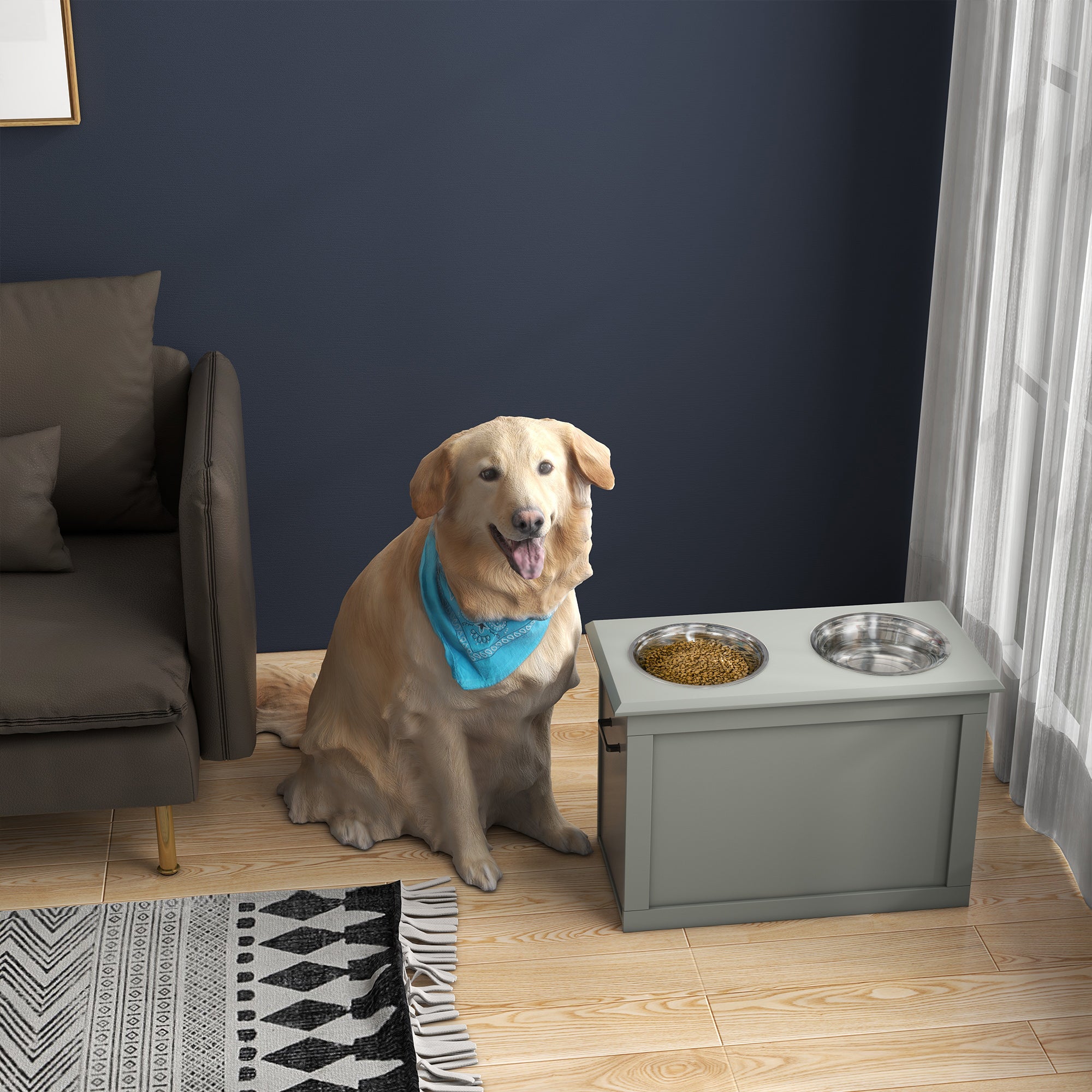Elevated Dog Bowl Feeding Station with Storage Space Water Bowl 2 x 2000ml Stainless Steel Bowls Dog Bowls Feeding Bowl Feeder for Dogs Cats Gray