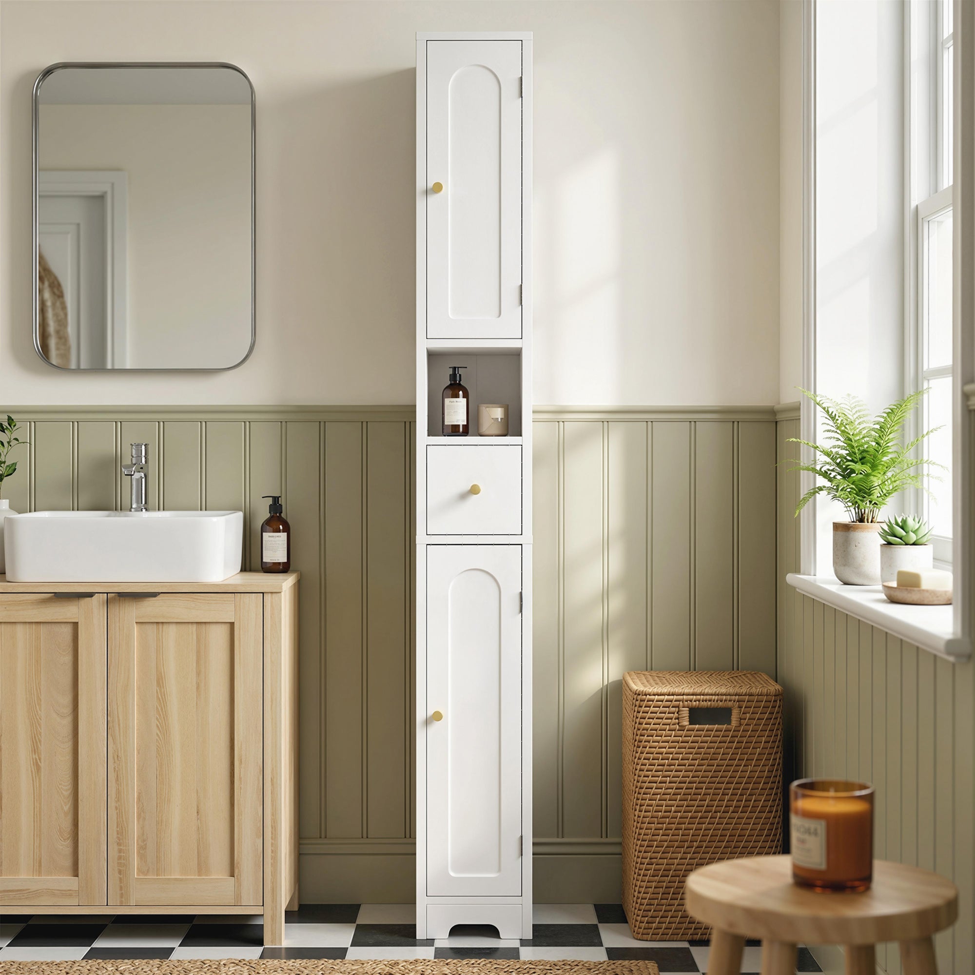 Slim Tall Bathroom Cabinet with Drawer, Arched Doors & Open Shelf, Adjustable Shelves — 7.9 in W x 7.9 in D x 72.8 in H (20 x 20 x 185 cm), White