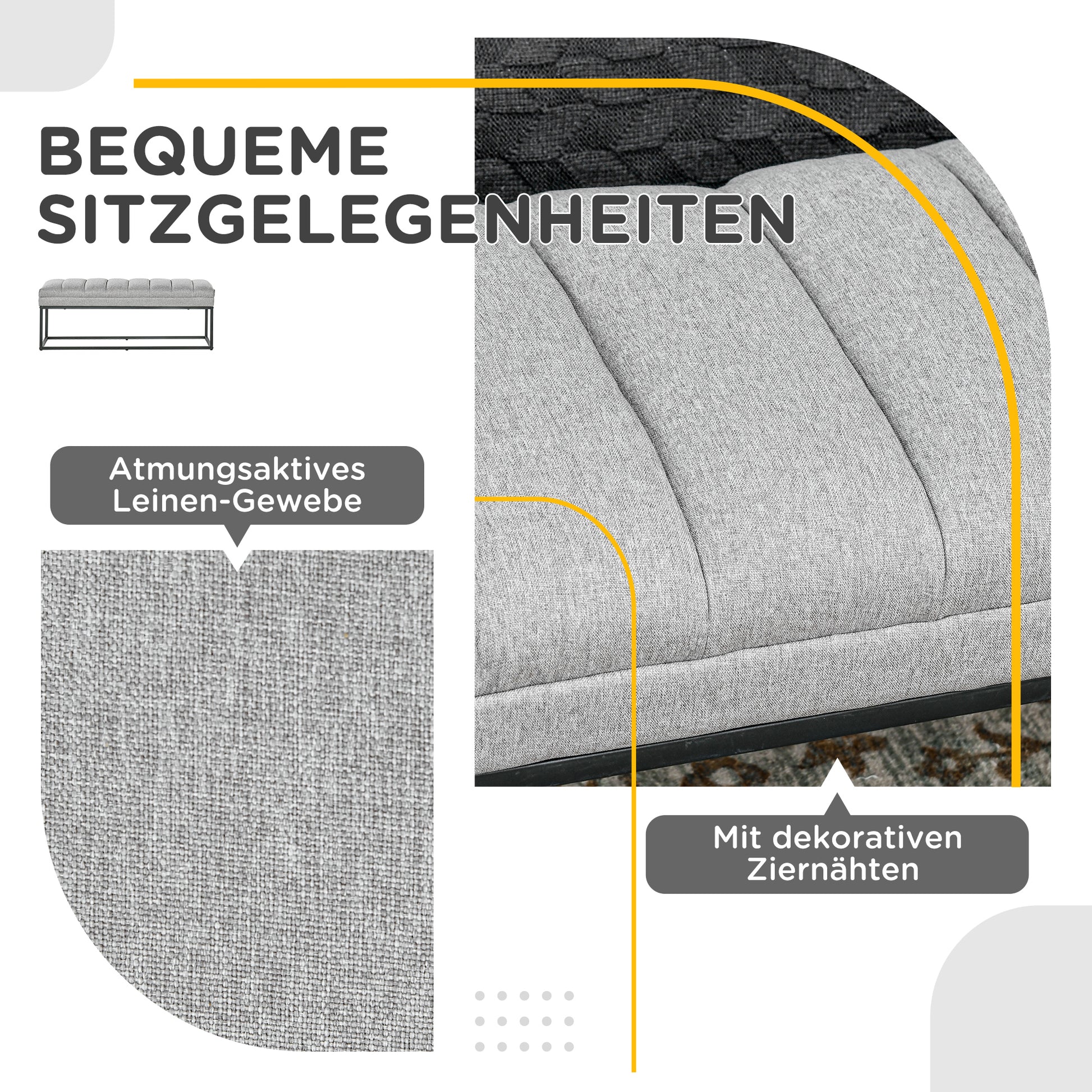 Upholstered Bench in Linen Look, Bed Bench with Steel Legs, Shoe Bench for Bedroom, Living Room, Hallway, up to 200 kg Load Capacity, 120 x 44 x 45.5 cm, Light Gray