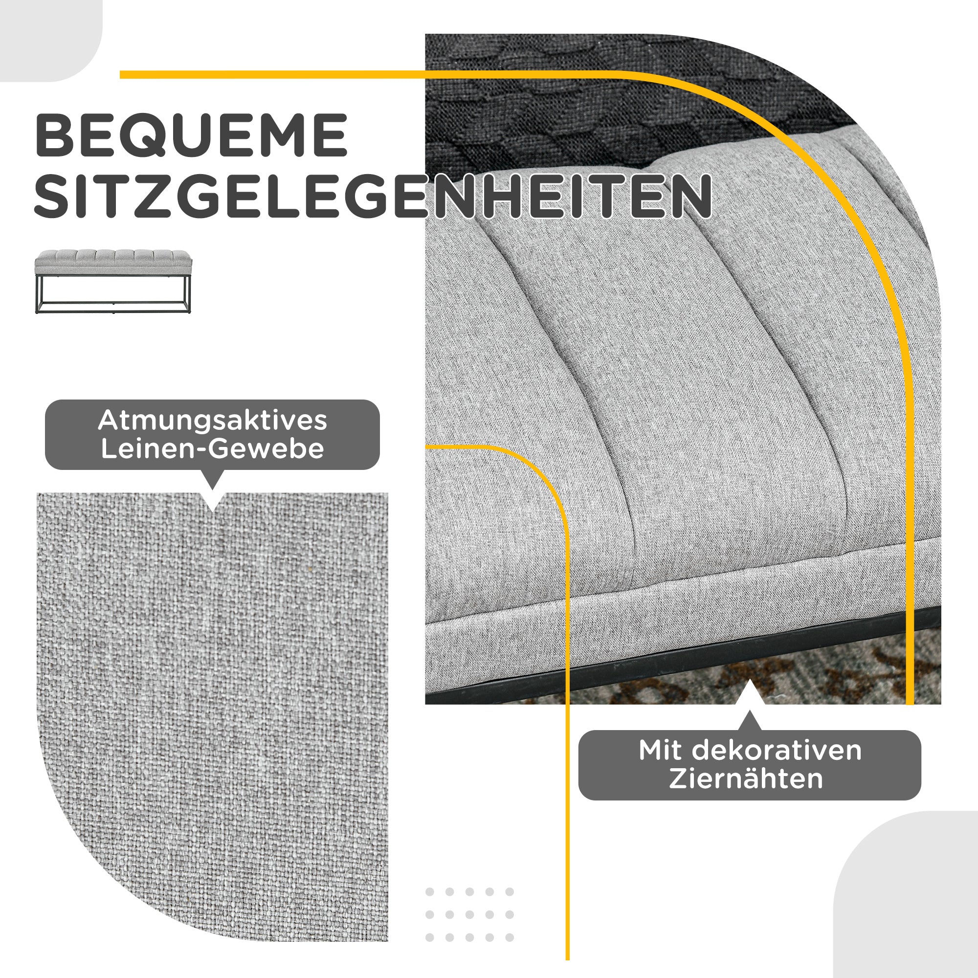 Upholstered Bench in Linen Look, Bed Bench with Steel Legs, Shoe Bench for Bedroom, Living Room, Hallway, up to 200 kg Load Capacity, 120 x 44 x 45.5 cm, Light Gray