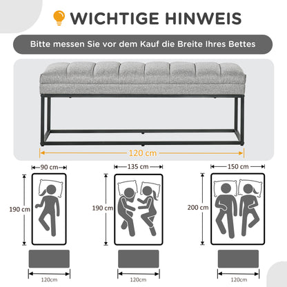 Upholstered Bench in Linen Look, Bed Bench with Steel Legs, Shoe Bench for Bedroom, Living Room, Hallway, up to 200 kg Load Capacity, 120 x 44 x 45.5 cm, Light Gray
