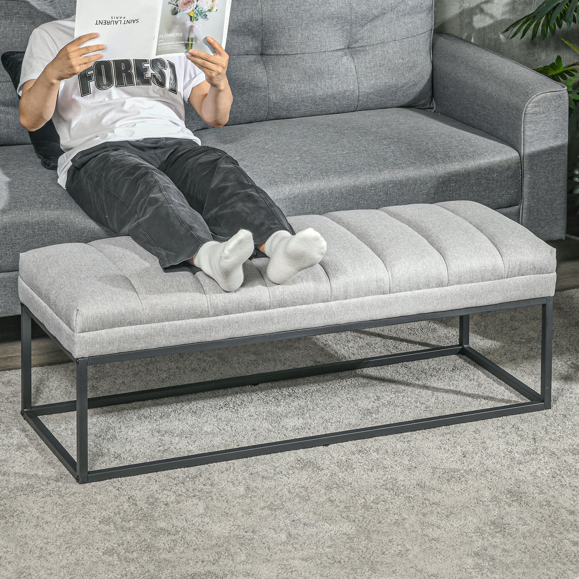 Upholstered Bench in Linen Look, Bed Bench with Steel Legs, Shoe Bench for Bedroom, Living Room, Hallway, up to 200 kg Load Capacity, 120 x 44 x 45.5 cm, Light Gray