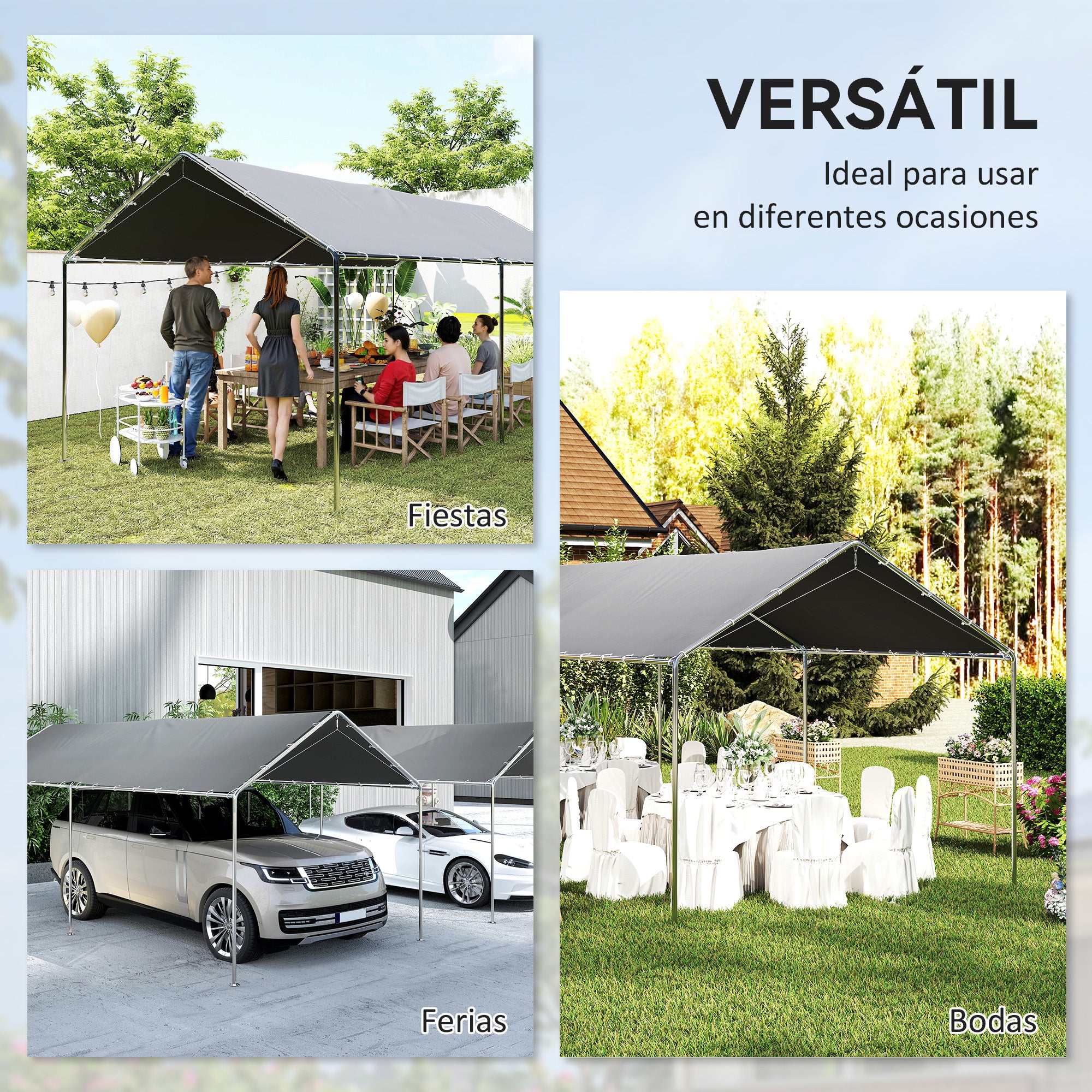 Outdoor Carport 3x6 m Car Garage Canopy for Car Waterproof with PE Fabric Canopy and Galvanized Steel Frame Gazebo Pavilion for Garden Patio Gray