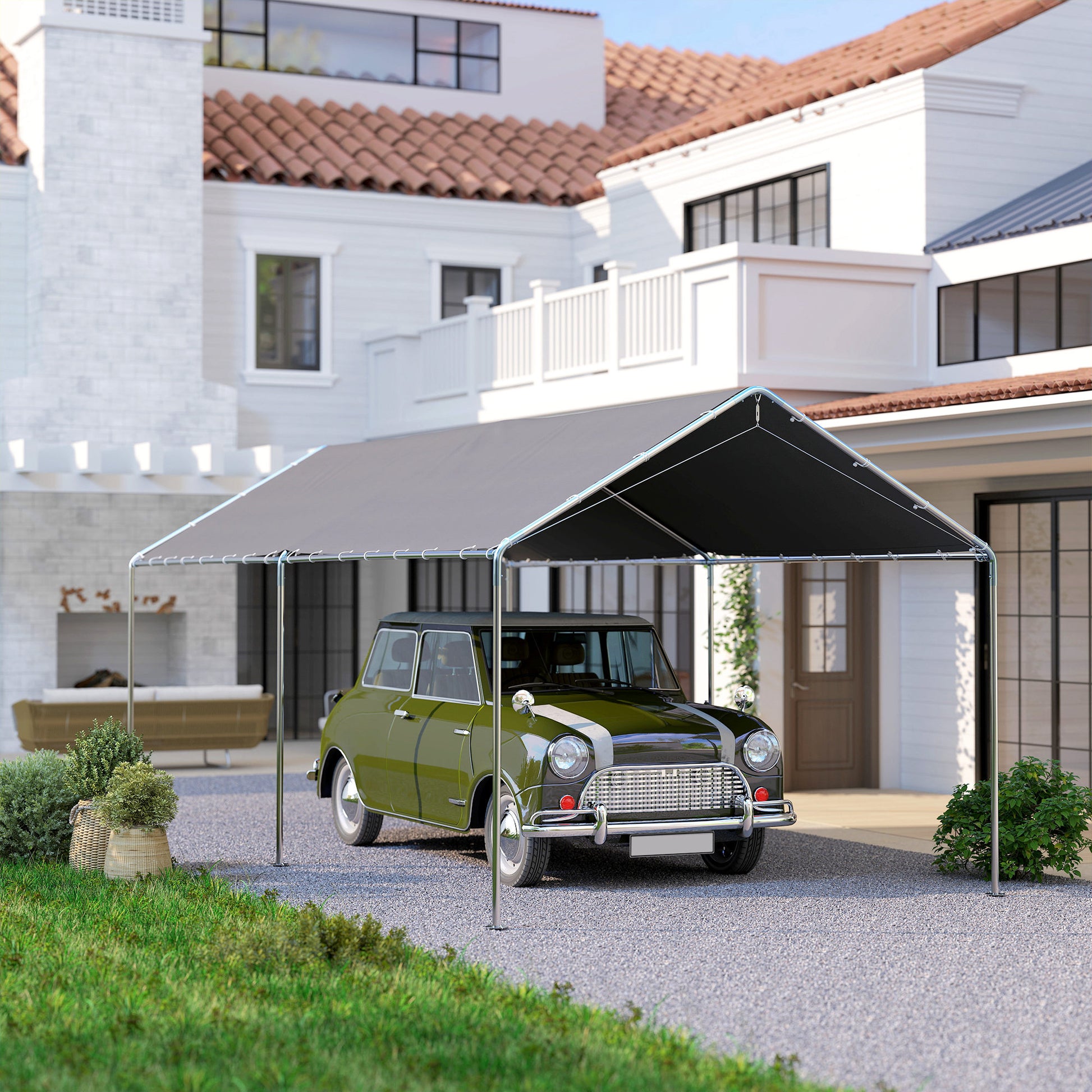 Outdoor Carport 3x6 m Car Garage Canopy for Car Waterproof with PE Fabric Canopy and Galvanized Steel Frame Gazebo Pavilion for Garden Patio Gray