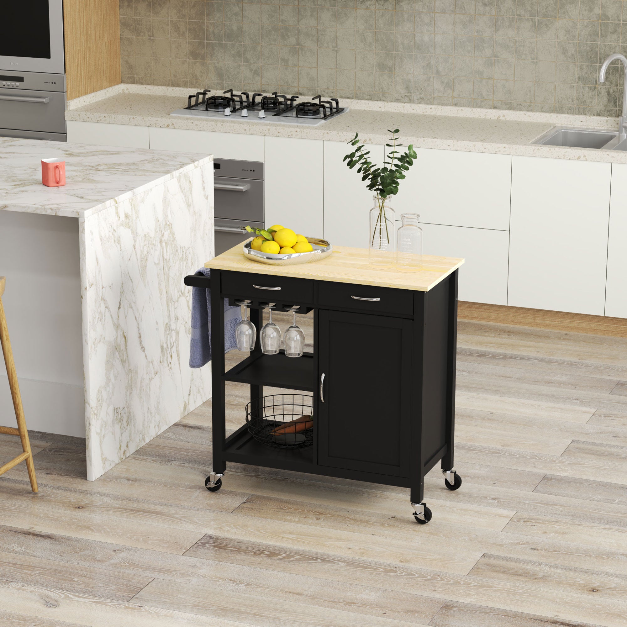 Classic Kitchen Trolley with 2 Drawers and Wheels, Wooden Kitchen Island with 2-Door Space-Saving Cabinet, 89x40x84cm, Black