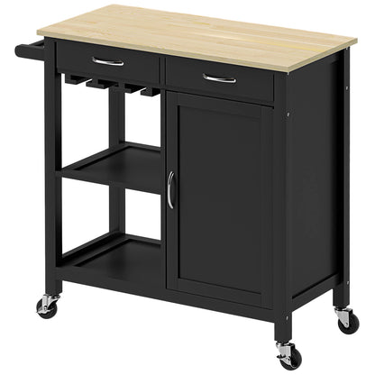Classic Kitchen Trolley with 2 Drawers and Wheels, Wooden Kitchen Island with 2-Door Space-Saving Cabinet, 89x40x84cm, Black
