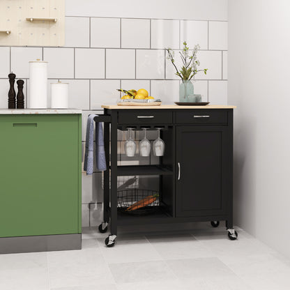 Classic Kitchen Trolley with 2 Drawers and Wheels, Wooden Kitchen Island with 2-Door Space-Saving Cabinet, 89x40x84cm, Black
