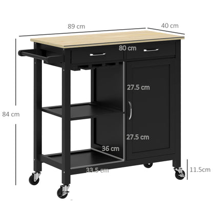 Classic Kitchen Trolley with 2 Drawers and Wheels, Wooden Kitchen Island with 2-Door Space-Saving Cabinet, 89x40x84cm, Black