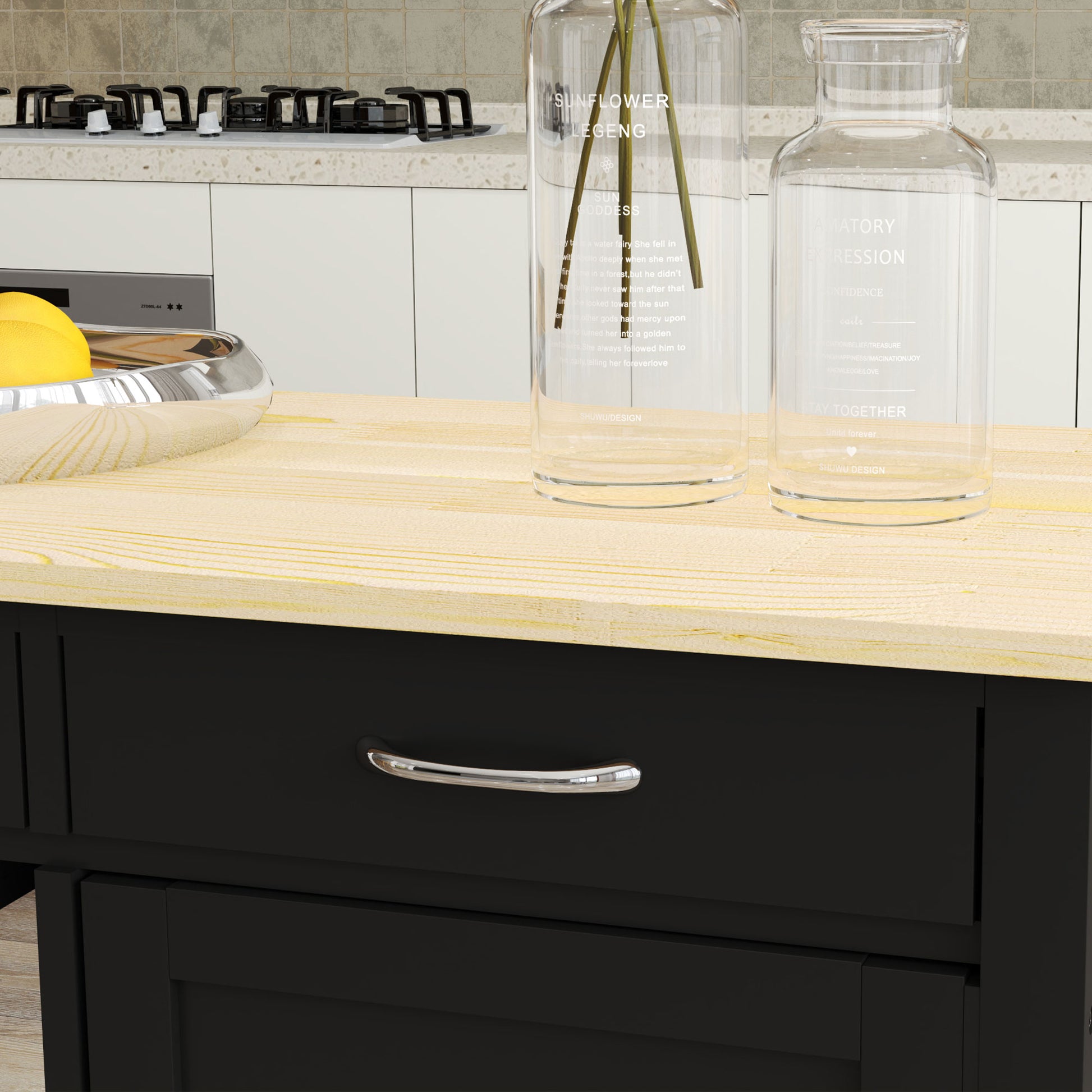 Classic Kitchen Trolley with 2 Drawers and Wheels, Wooden Kitchen Island with 2-Door Space-Saving Cabinet, 89x40x84cm, Black