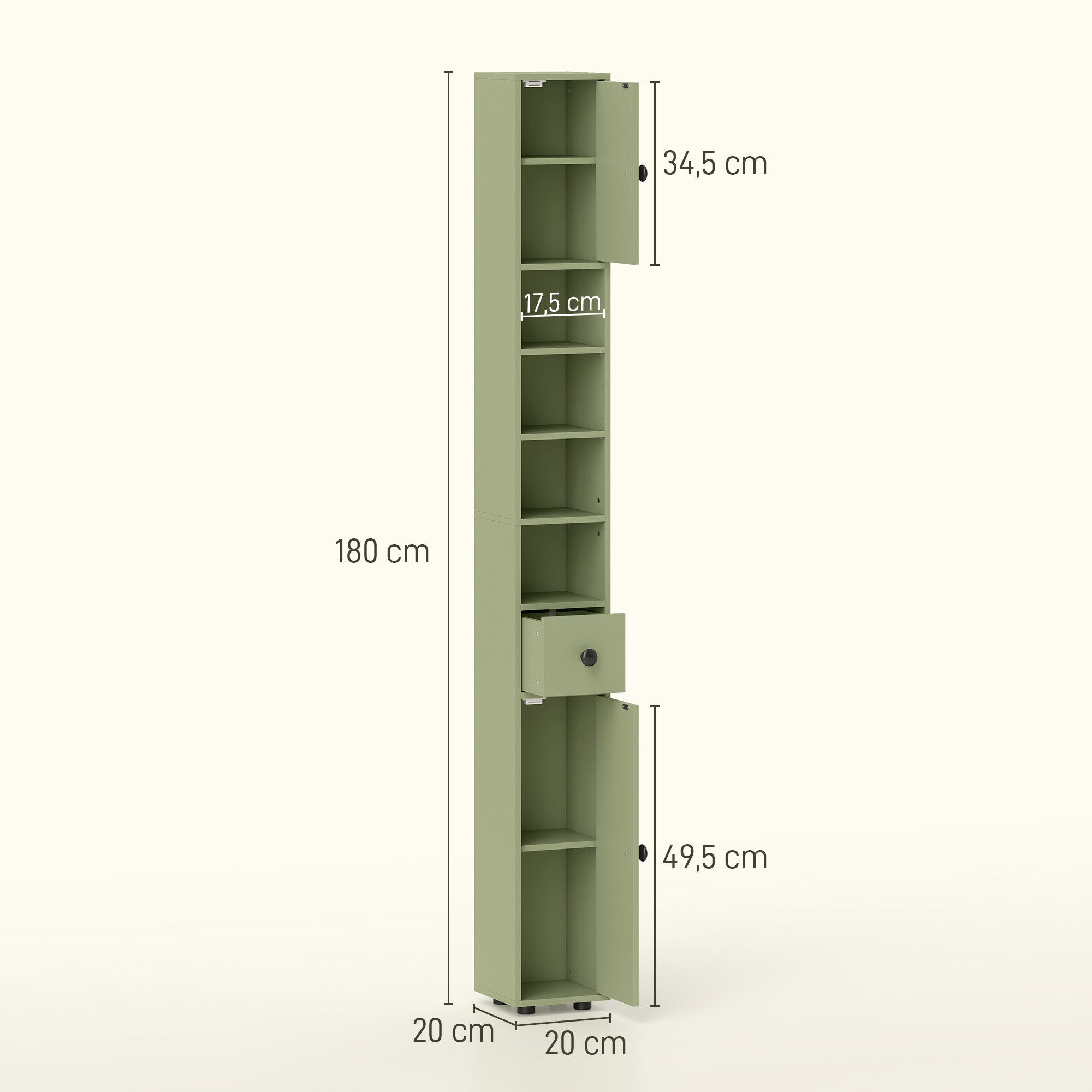 Slim Tall Bathroom Cabinet — Narrow Toilet Storage with Drawer & 4 Open Shelves, Ideal for Small Bathrooms & Living Rooms, 20 x 20 x 180 cm (7.9 x 7.9 x 71 in), Green