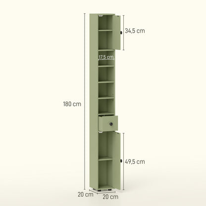 Slim Tall Bathroom Cabinet — Narrow Toilet Storage with Drawer & 4 Open Shelves, Ideal for Small Bathrooms & Living Rooms, 20 x 20 x 180 cm (7.9 x 7.9 x 71 in), Green