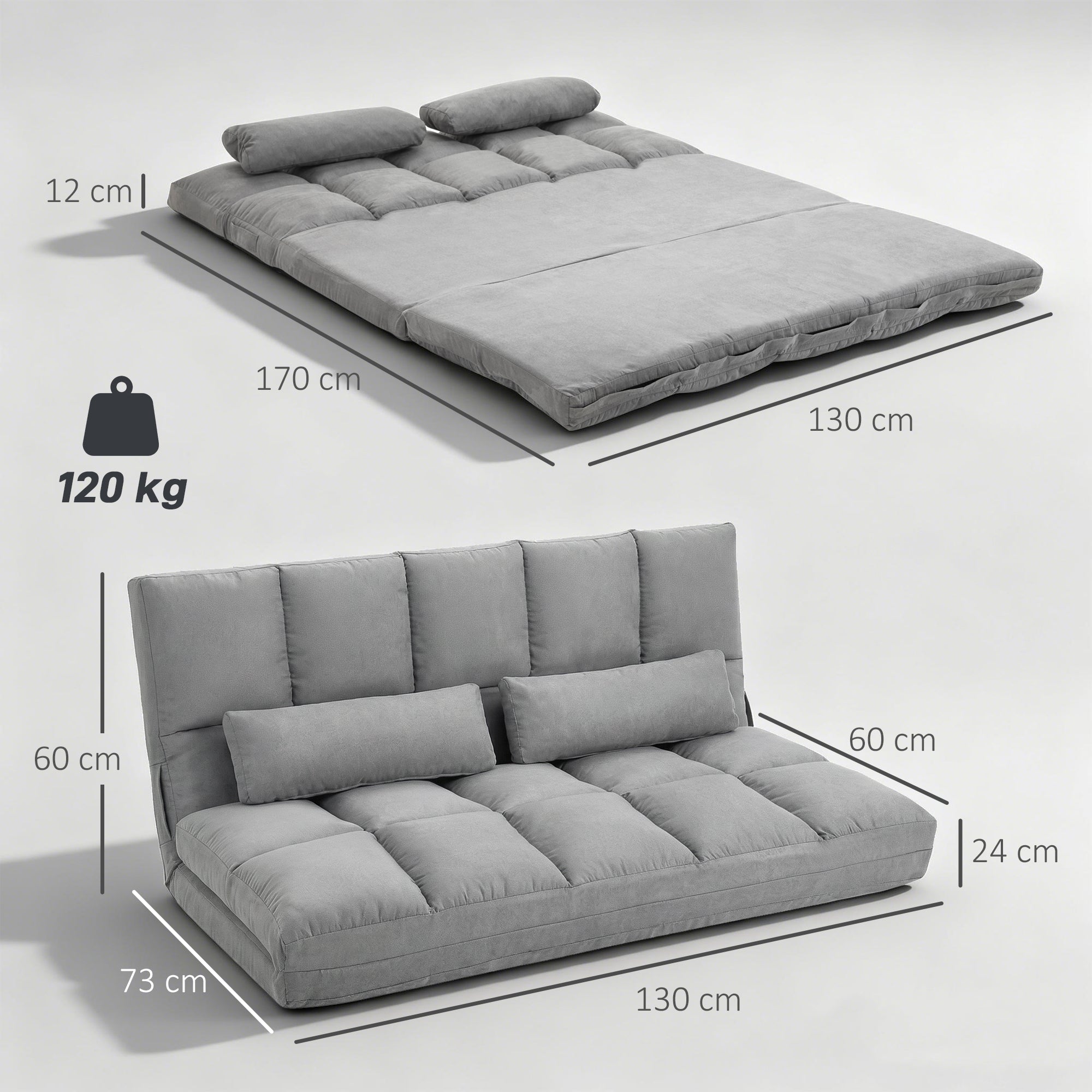 2-in-1 Floor Sofa Bed with 3-Position Backrest & 5-Position Headrest, Foldable Sleeper Chair, Light Gray (130 x 73 x 60 cm / 51.2 x 28.7 x 23.6 in)
