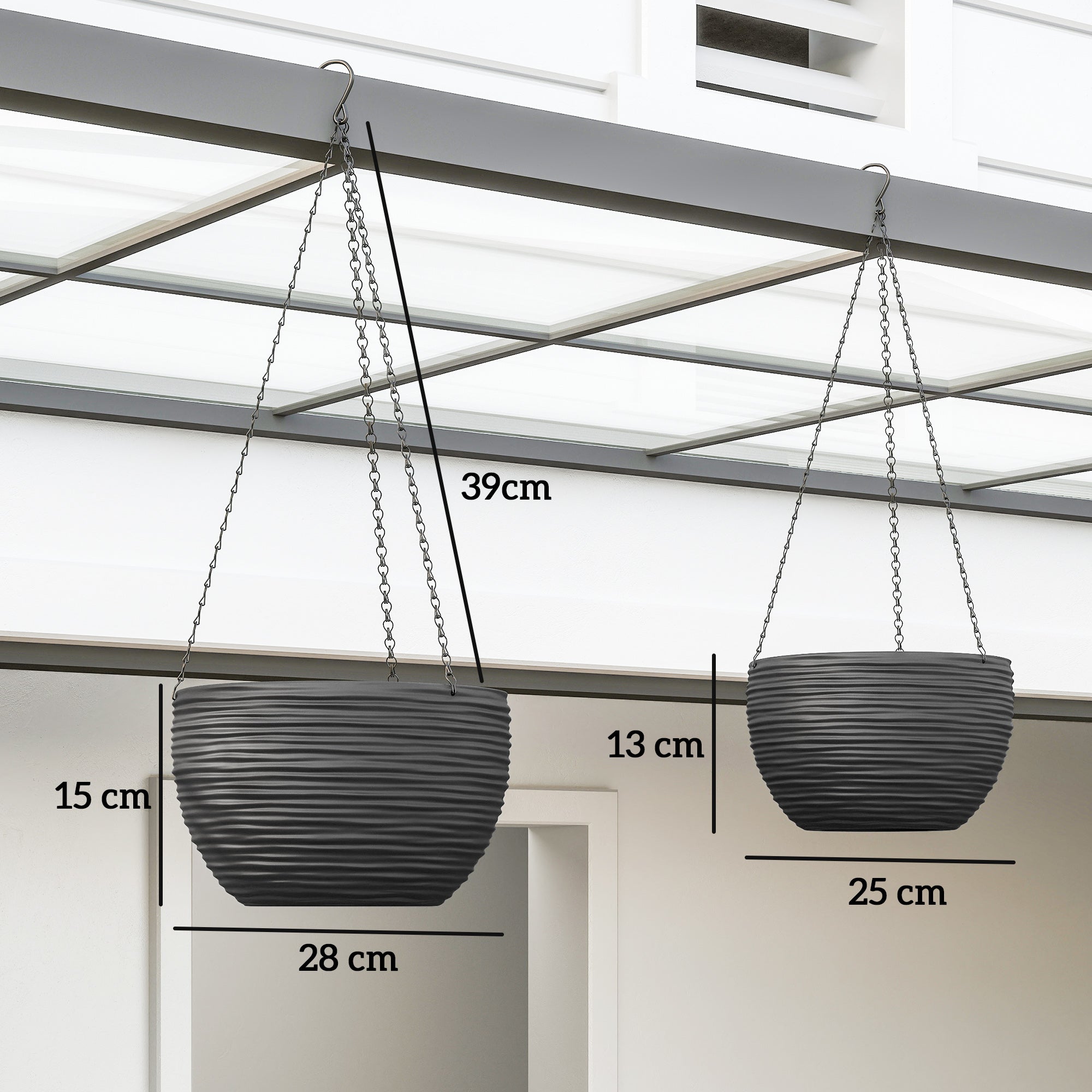 4-Pack Hanging Flower Pots, Round Planters with Drainage Holes and Metal Chains, Self-Watering Plastic Planters for Flowers & Tomatoes, Black