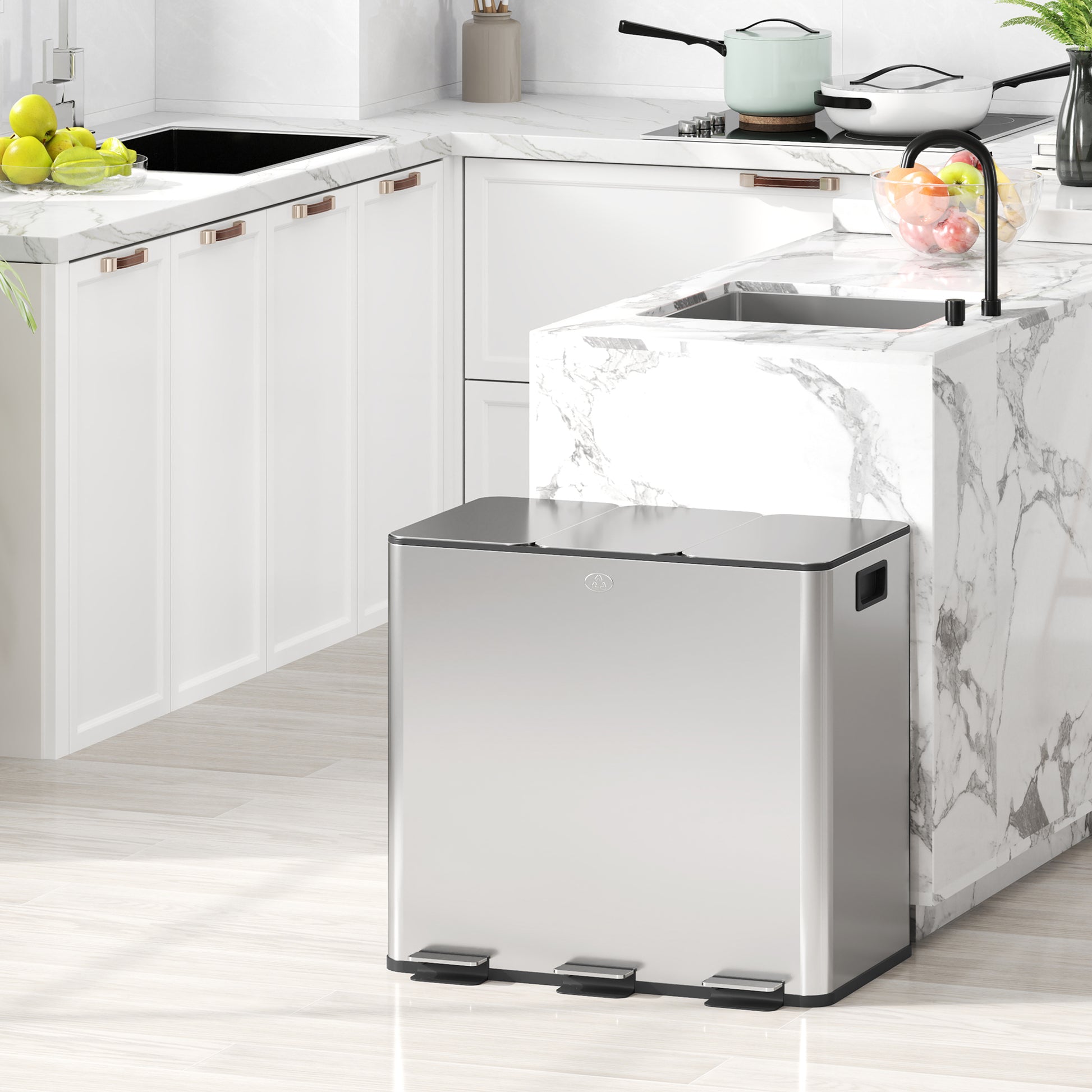 Kitchen Trash Can with 3 Compartments 3x15L Stainless Steel Kitchen Garbage Bin with Soft-Close Lids and Removable Bin for Recycling Waste Food Scraps Silver