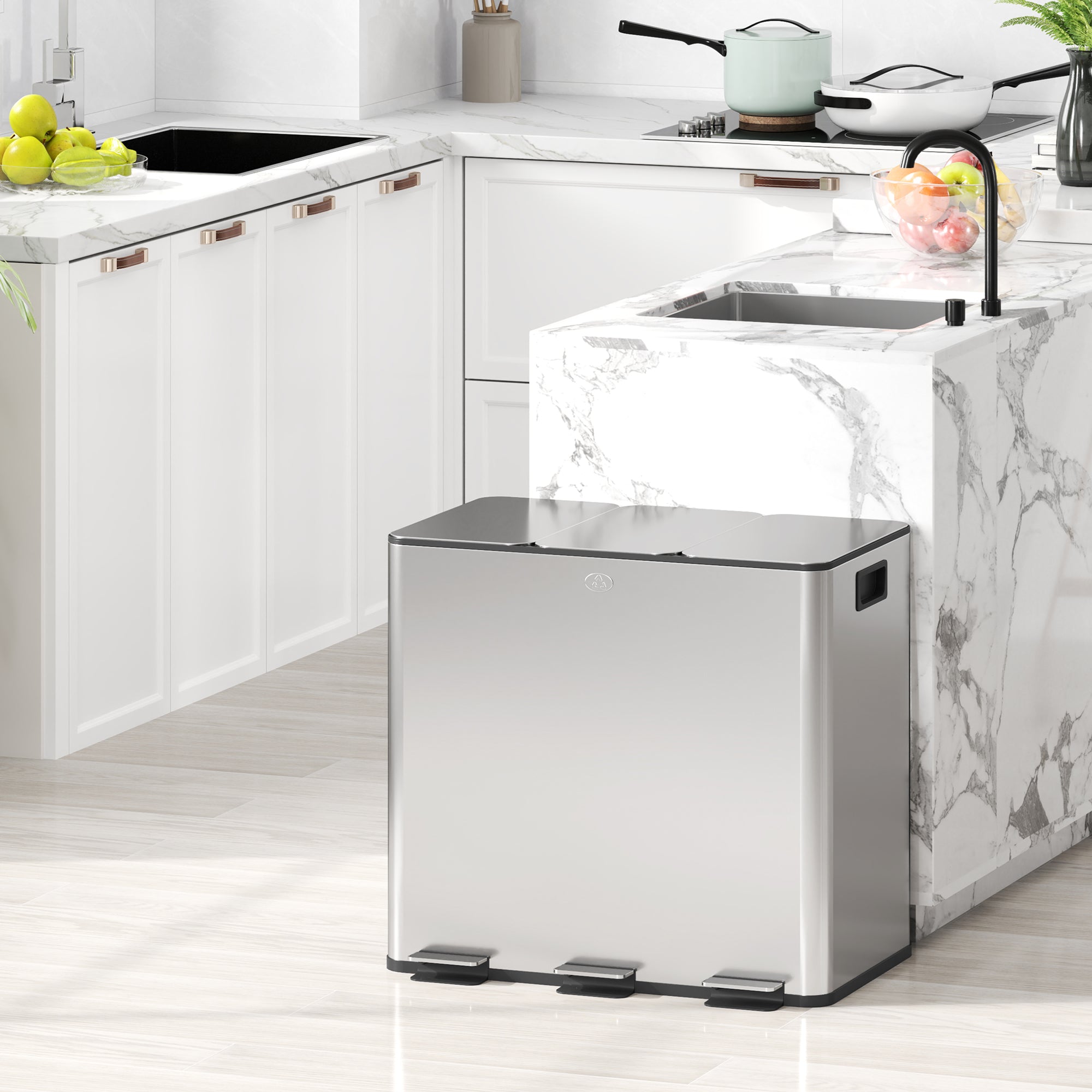 Kitchen Trash Can with 3 Compartments 3x15L Stainless Steel Kitchen Garbage Bin with Soft-Close Lids and Removable Bin for Recycling Waste Food Scraps Silver