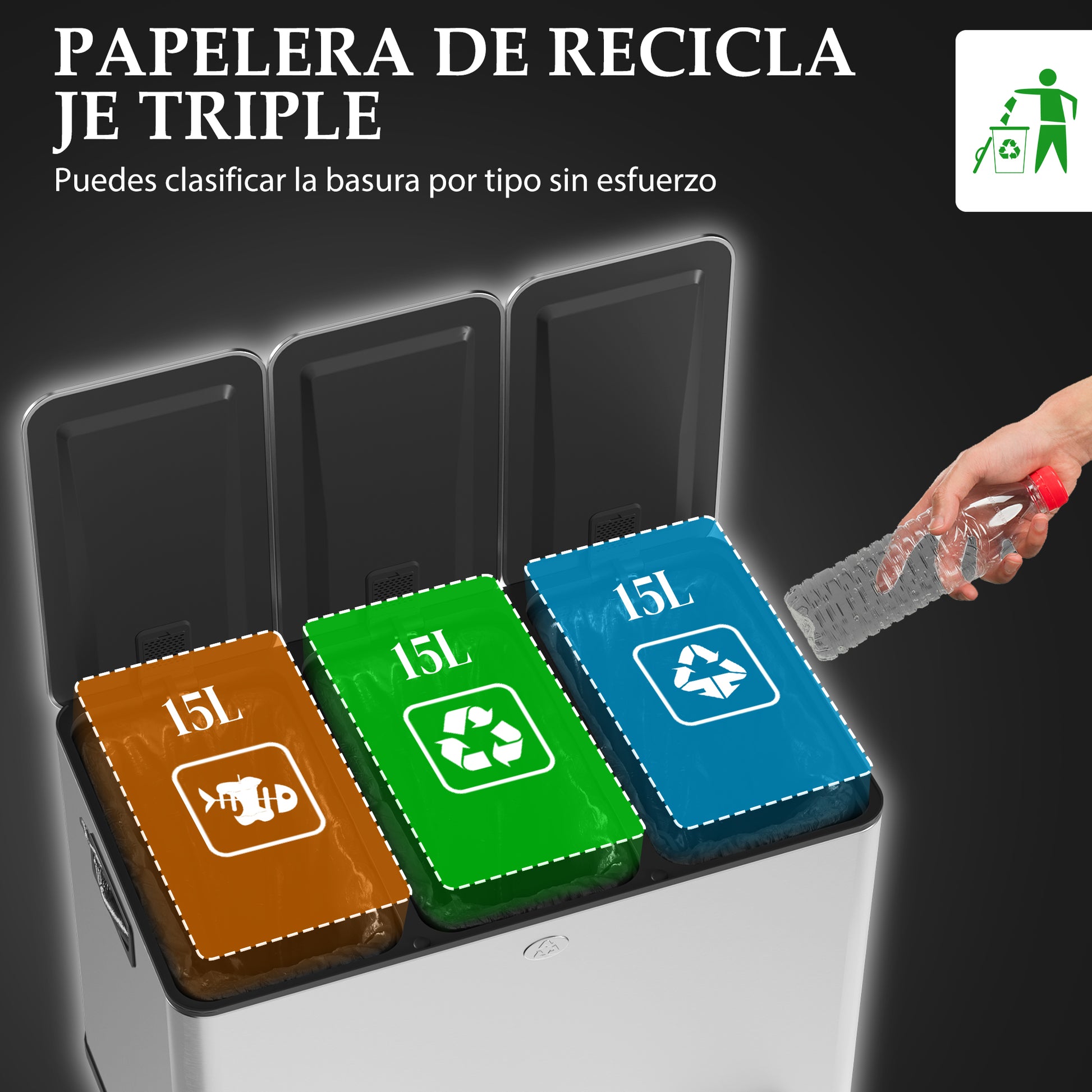 Kitchen Trash Can with 3 Compartments 3x15L Stainless Steel Kitchen Garbage Bin with Soft-Close Lids and Removable Bin for Recycling Waste Food Scraps Silver