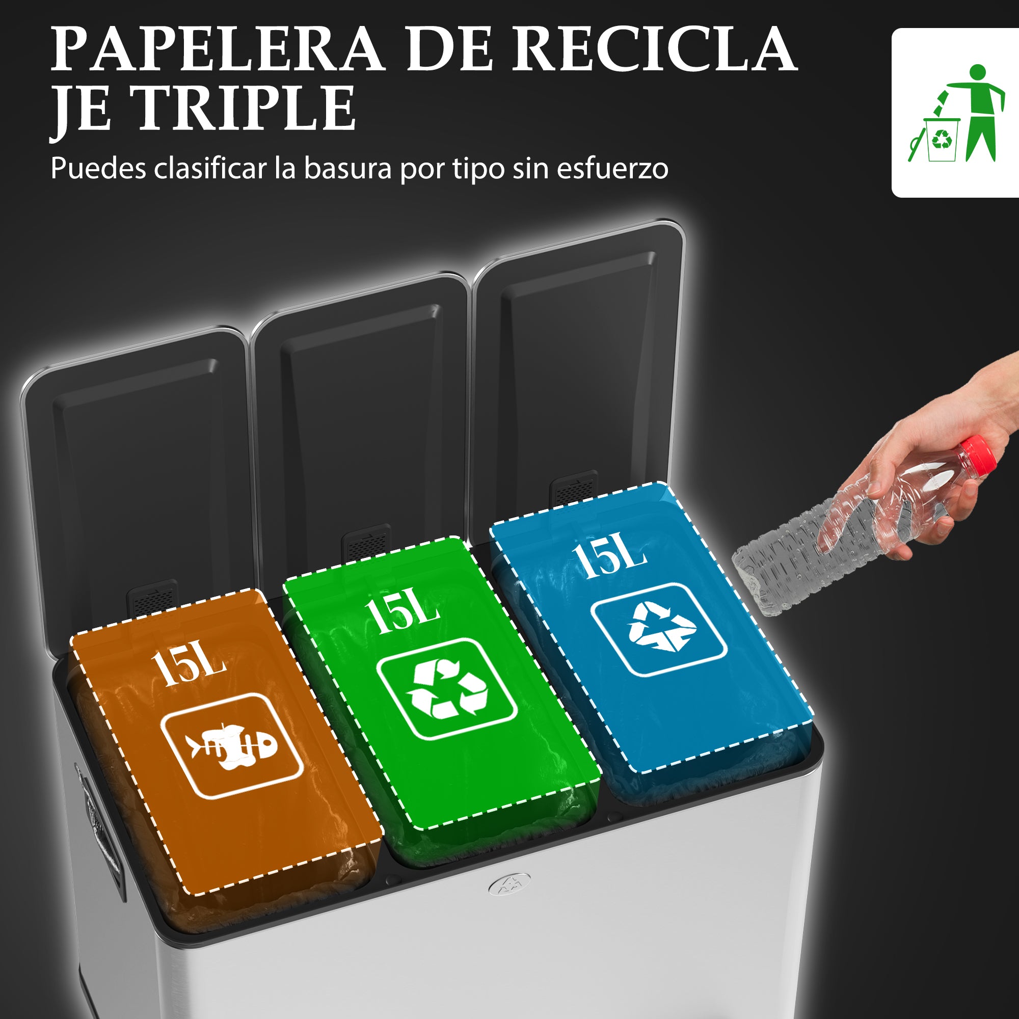 Kitchen Trash Can with 3 Compartments 3x15L Stainless Steel Kitchen Garbage Bin with Soft-Close Lids and Removable Bin for Recycling Waste Food Scraps Silver