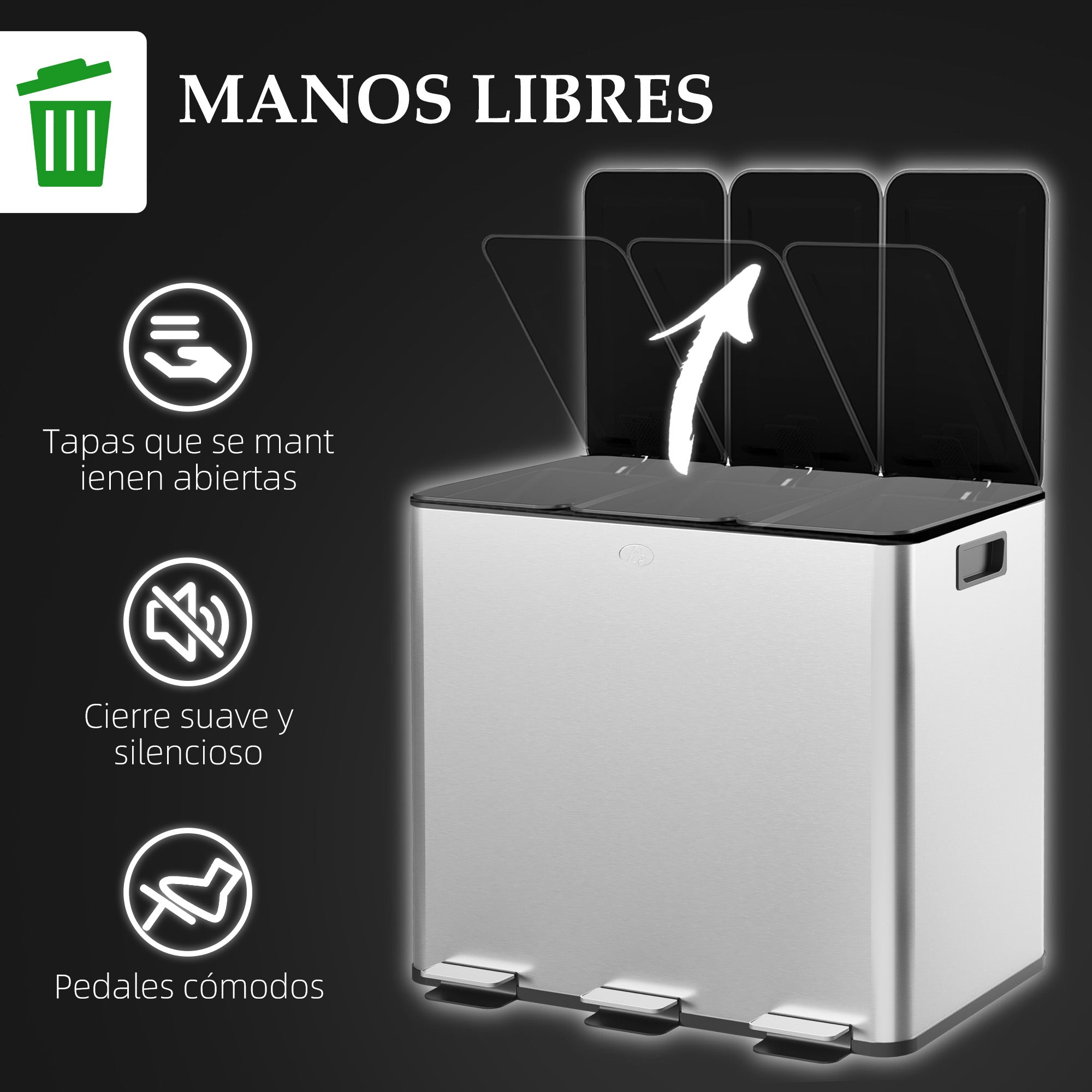 Kitchen Trash Can with 3 Compartments 3x15L Stainless Steel Kitchen Garbage Bin with Soft-Close Lids and Removable Bin for Recycling Waste Food Scraps Silver