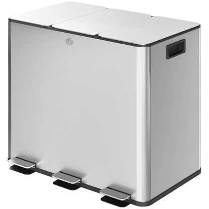 Kitchen Trash Can with 3 Compartments 3x15L Stainless Steel Kitchen Garbage Bin with Soft-Close Lids and Removable Bin for Recycling Waste Food Scraps Silver