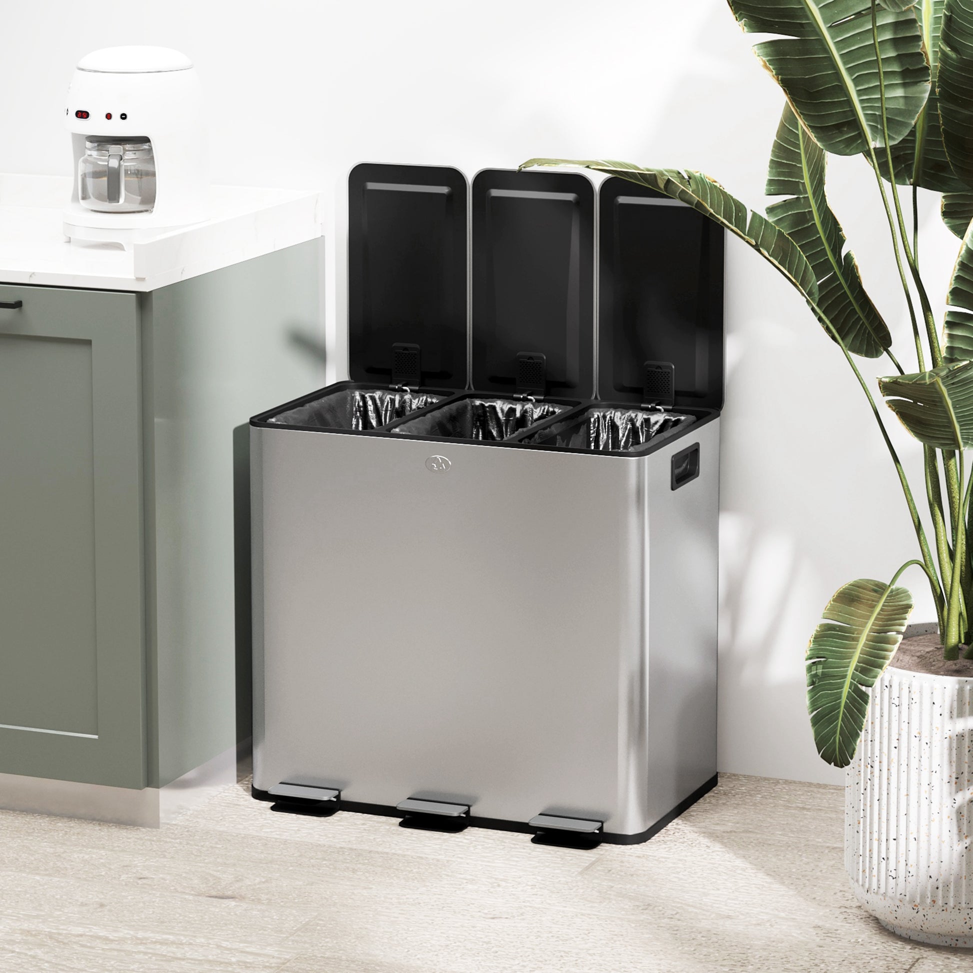 Kitchen Trash Can with 3 Compartments 3x15L Stainless Steel Kitchen Garbage Bin with Soft-Close Lids and Removable Bin for Recycling Waste Food Scraps Silver