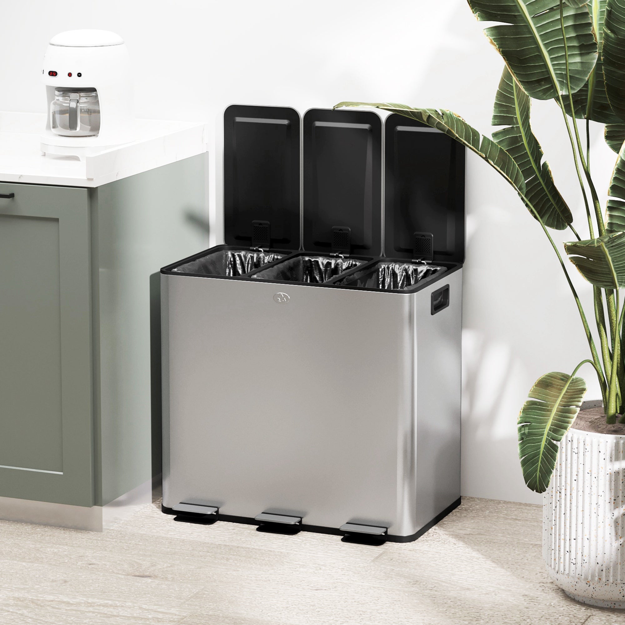 Kitchen Trash Can with 3 Compartments 3x15L Stainless Steel Kitchen Garbage Bin with Soft-Close Lids and Removable Bin for Recycling Waste Food Scraps Silver
