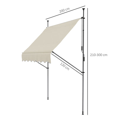 Freestanding Manual Retractable Awning Canopy 2W x 1.2D x 2.1-3H m Adjustable Tilt for Balcony without Drilling Holes Aluminum Metal Polyester Sand