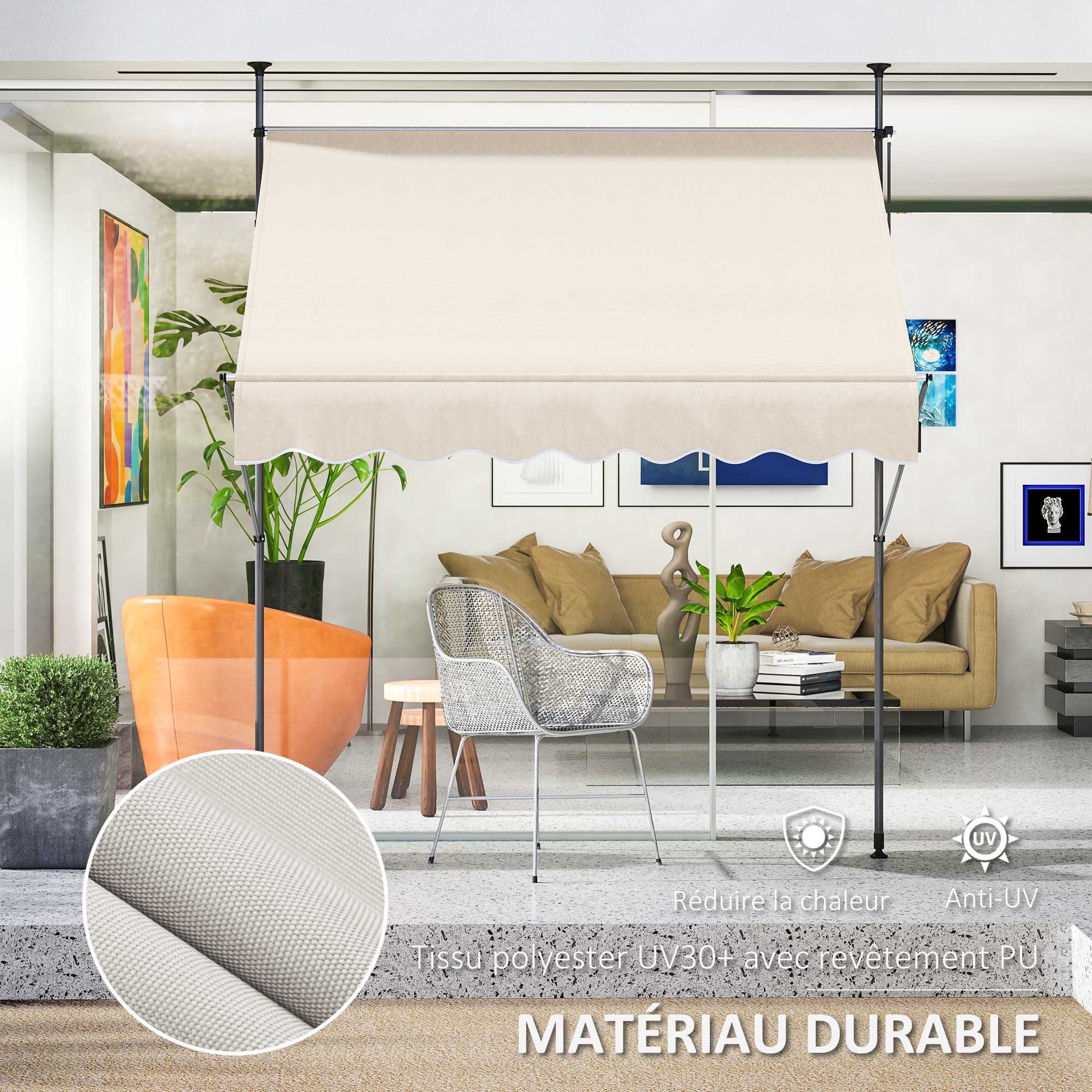 Freestanding Manual Retractable Awning Canopy 2W x 1.2D x 2.1-3H m Adjustable Tilt for Balcony without Drilling Holes Aluminum Metal Polyester Sand