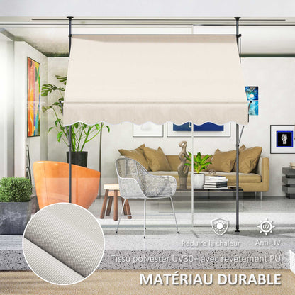 Freestanding Manual Retractable Awning Canopy 2W x 1.2D x 2.1-3H m Adjustable Tilt for Balcony without Drilling Holes Aluminum Metal Polyester Sand