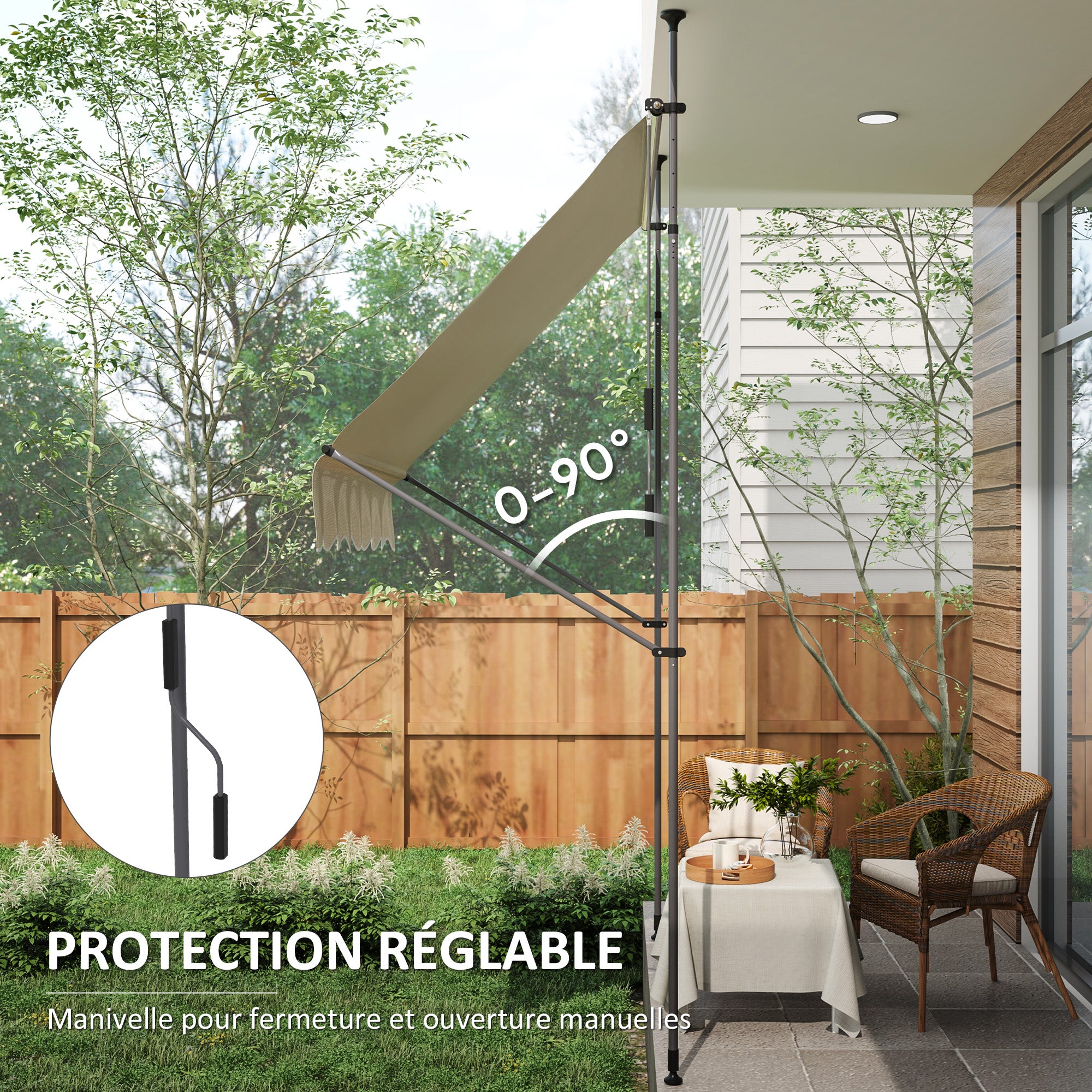 Freestanding Manual Retractable Awning Canopy 2W x 1.2D x 2.1-3H m Adjustable Tilt for Balcony without Drilling Holes Aluminum Metal Polyester Sand