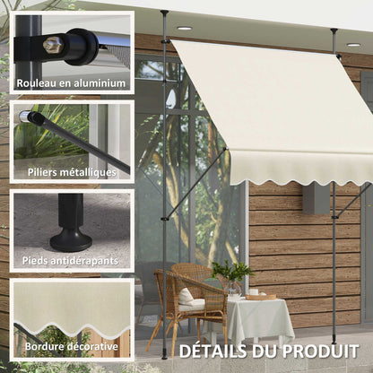 Freestanding Manual Retractable Awning Canopy 2W x 1.2D x 2.1-3H m Adjustable Tilt for Balcony without Drilling Holes Aluminum Metal Polyester Sand