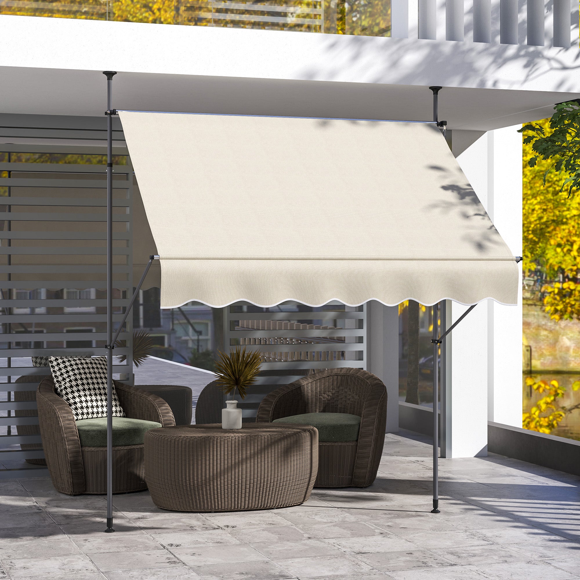 Freestanding Manual Retractable Awning Canopy 2W x 1.2D x 2.1-3H m Adjustable Tilt for Balcony without Drilling Holes Aluminum Metal Polyester Sand