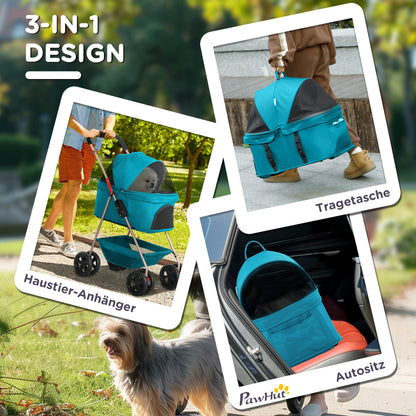 Dog Stroller 3 in 1 Dog Buggy Foldable for Dogs & Cats up to 4 kg Cat Stroller with Cushion Mesh Windows Cup Holder Storage Basket Cat Carrier Buggy Turquoise
