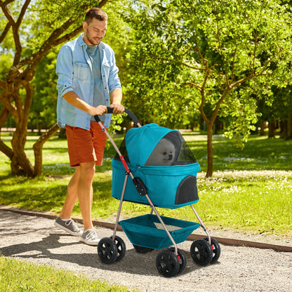 Dog Stroller 3 in 1 Dog Buggy Foldable for Dogs & Cats up to 4 kg Cat Stroller with Cushion Mesh Windows Cup Holder Storage Basket Cat Carrier Buggy Turquoise