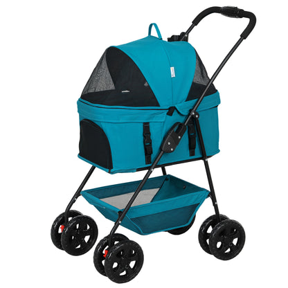 Dog Stroller 3 in 1 Dog Buggy Foldable for Dogs & Cats up to 4 kg Cat Stroller with Cushion Mesh Windows Cup Holder Storage Basket Cat Carrier Buggy Turquoise