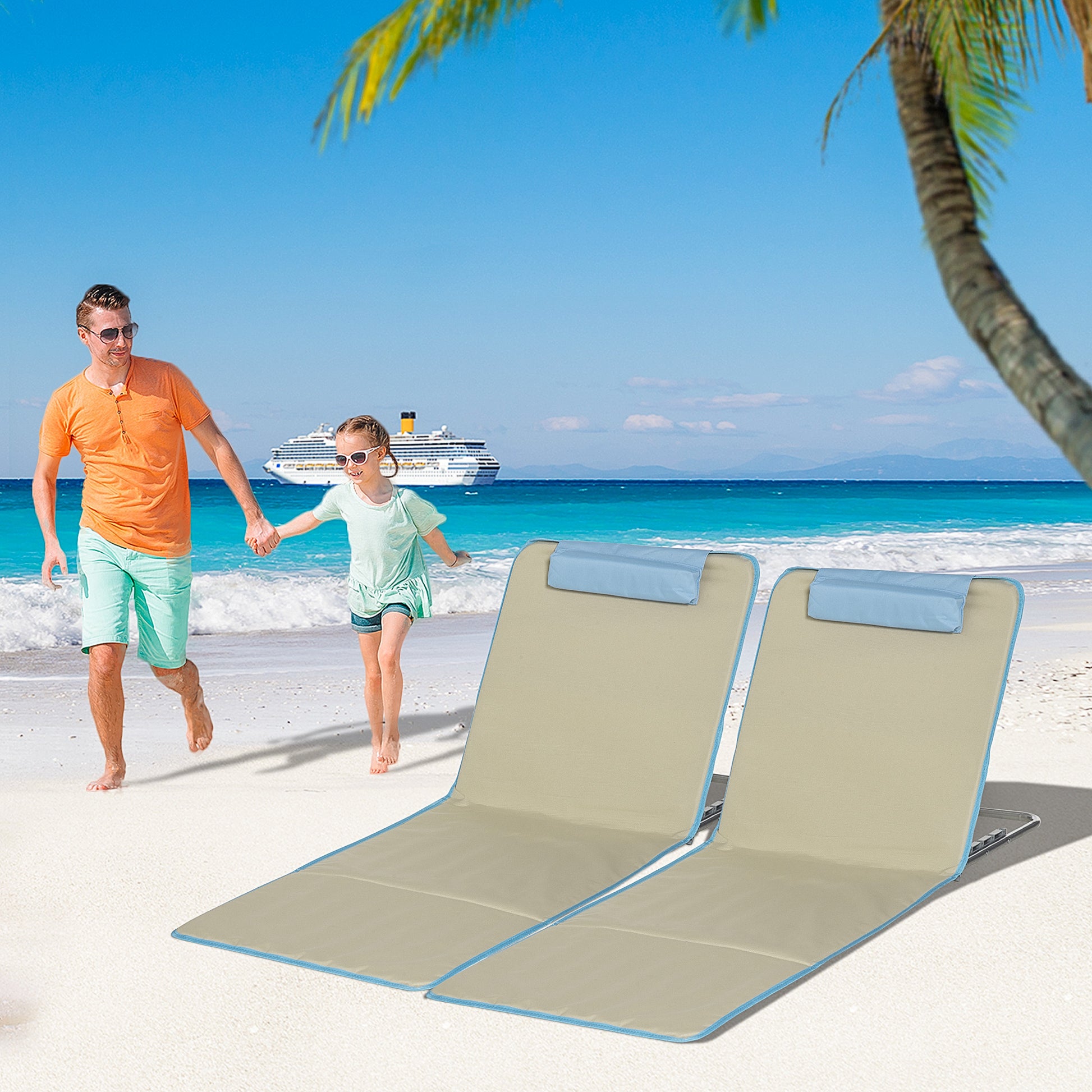 2 Pack Folding Sun Lounger Beach Chairs with Adjustable Backrest Headrest Carry Bag Lightweight Portable Beach Mat, Outdoor Sun Mat for Garden, Pool 124 x 53 cm