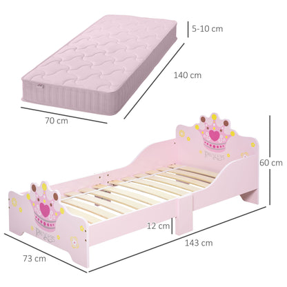 Children's Bed for +3 Years 143x73x60 cm Wooden Kids Bed with Crown Print Load 50 kg for Bedroom Pink