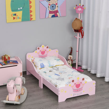 Children's Bed for +3 Years 143x73x60 cm Wooden Kids Bed with Crown Print Load 50 kg for Bedroom Pink