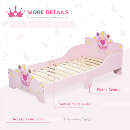 Children's Bed for +3 Years 143x73x60 cm Wooden Kids Bed with Crown Print Load 50 kg for Bedroom Pink