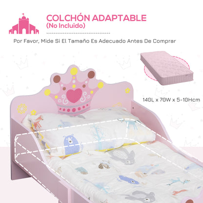 Children's Bed for +3 Years 143x73x60 cm Wooden Kids Bed with Crown Print Load 50 kg for Bedroom Pink