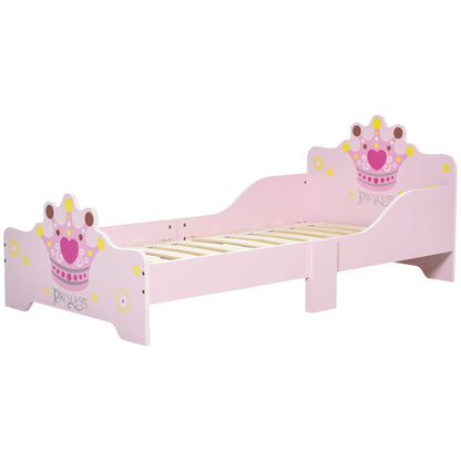 Children's Bed for +3 Years 143x73x60 cm Wooden Kids Bed with Crown Print Load 50 kg for Bedroom Pink