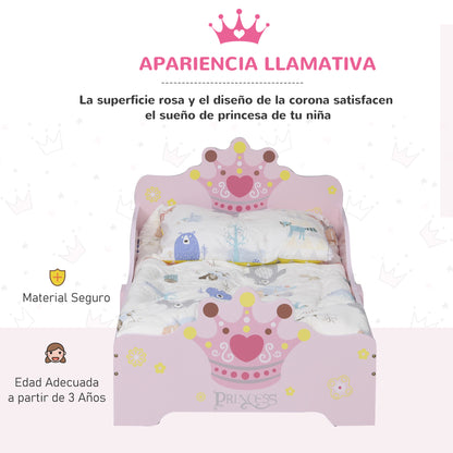 Children's Bed for +3 Years 143x73x60 cm Wooden Kids Bed with Crown Print Load 50 kg for Bedroom Pink