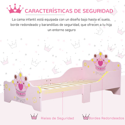 Children's Bed for +3 Years 143x73x60 cm Wooden Kids Bed with Crown Print Load 50 kg for Bedroom Pink