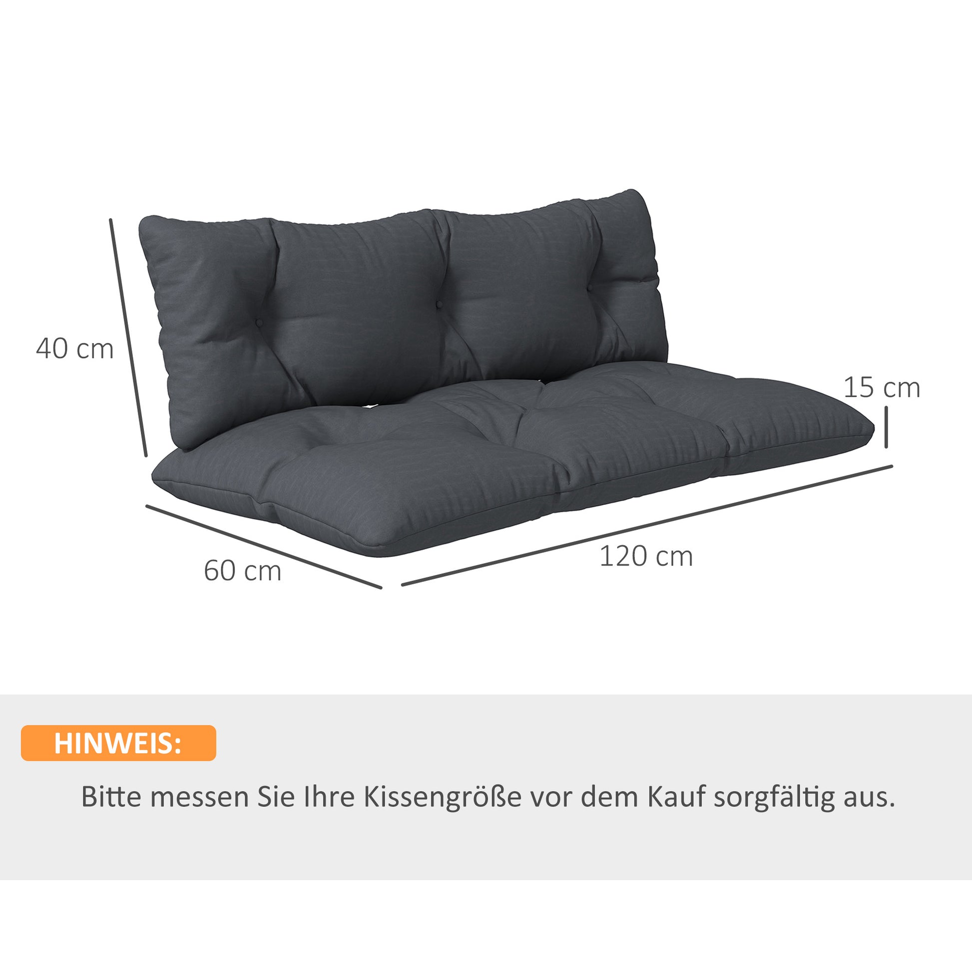 2 Seater Pallet Cushion 120cm x 60cm x 15cm Bench Cushion Seat Cushion with UV Protection Padded Waterproof Garden Bench Cushion for Bench Dark Gray