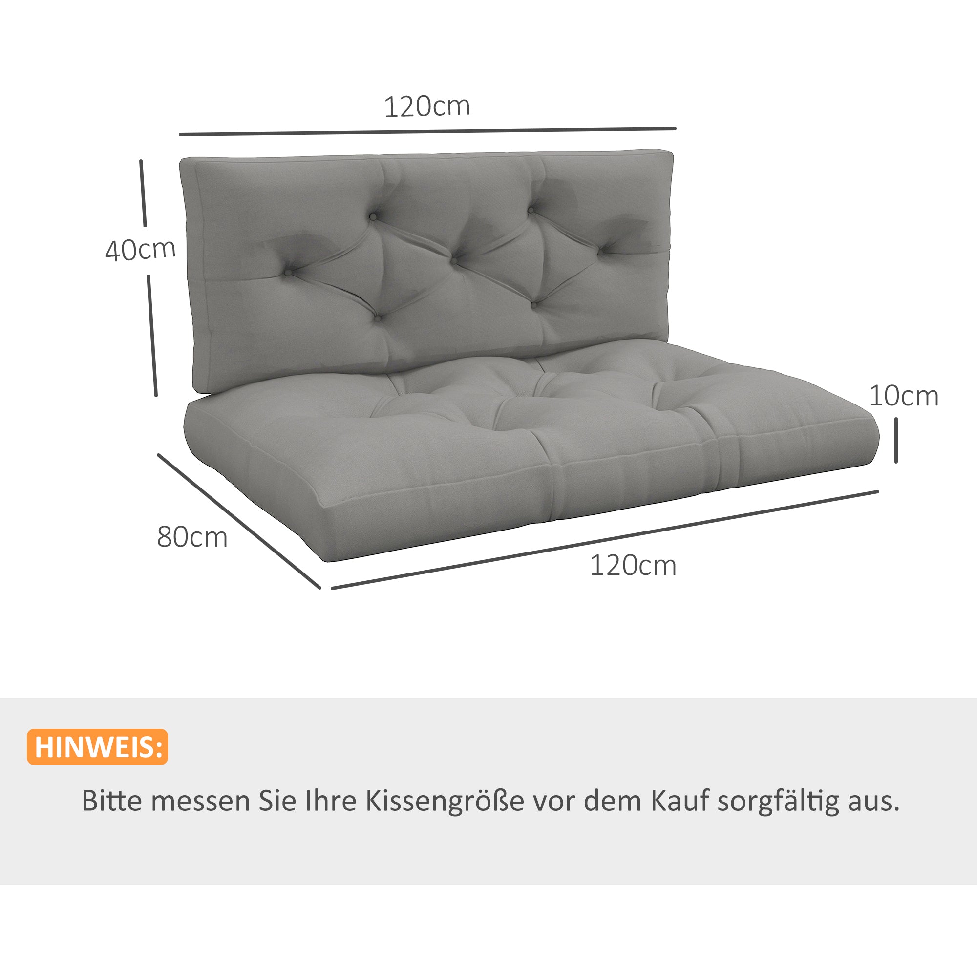 2-Piece Pallet Sofa Cushion Set 120 x 80 x 10 cm Seat + 120 x 40 x 10 cm Backrest, UV-Protected, Water-Resistant Outdoor Pad for Pallet Sofa/Balcony – Light Gray