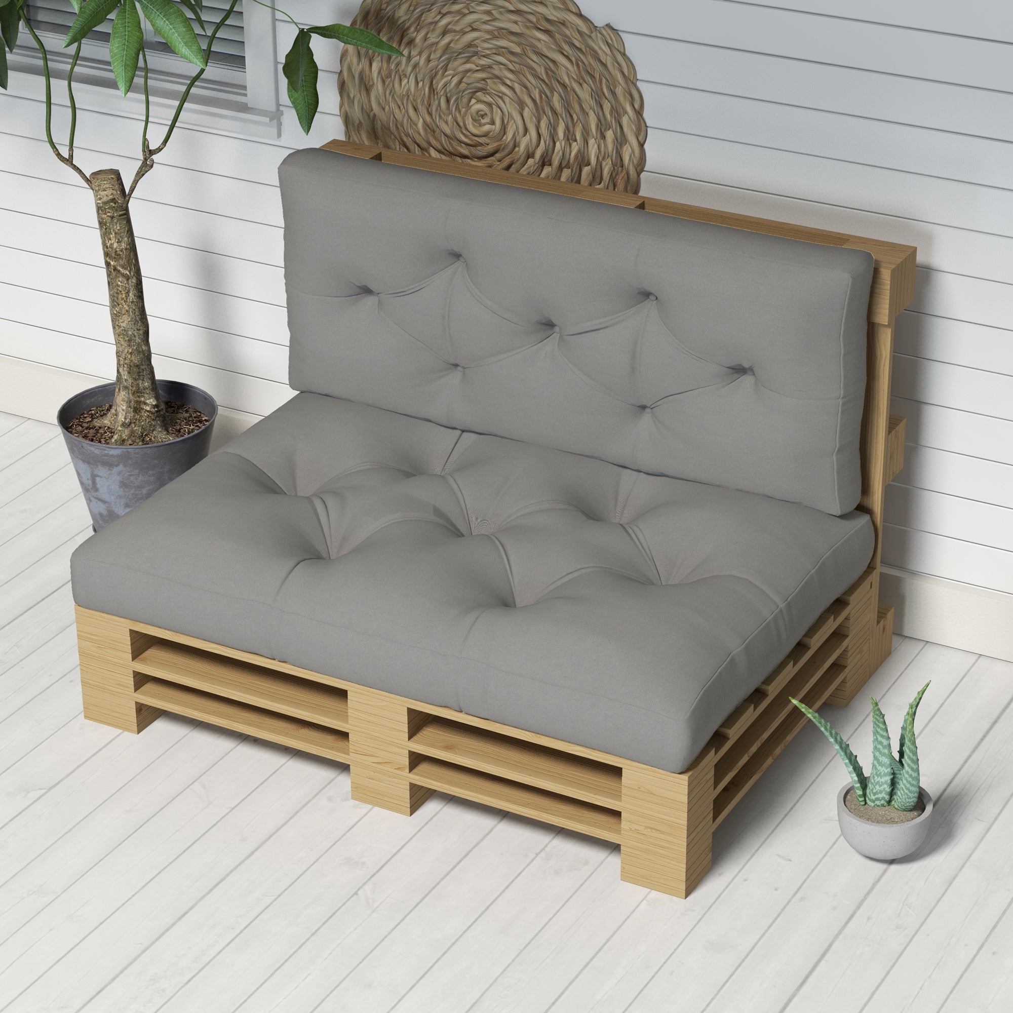 2-Piece Pallet Sofa Cushion Set 120 x 80 x 10 cm Seat + 120 x 40 x 10 cm Backrest, UV-Protected, Water-Resistant Outdoor Pad for Pallet Sofa/Balcony – Light Gray