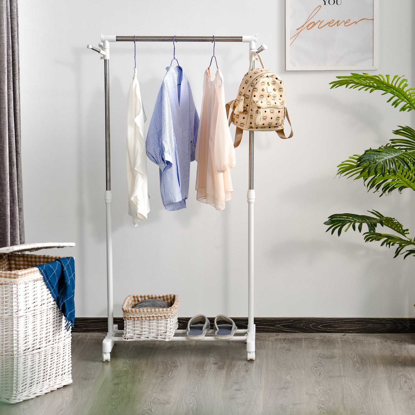 Standard Garment Rack with Adjustable Height Bar and Bottom Shelf on Wheels Stainless Steel Pipe 68.5x42x87-145 cm White Silver