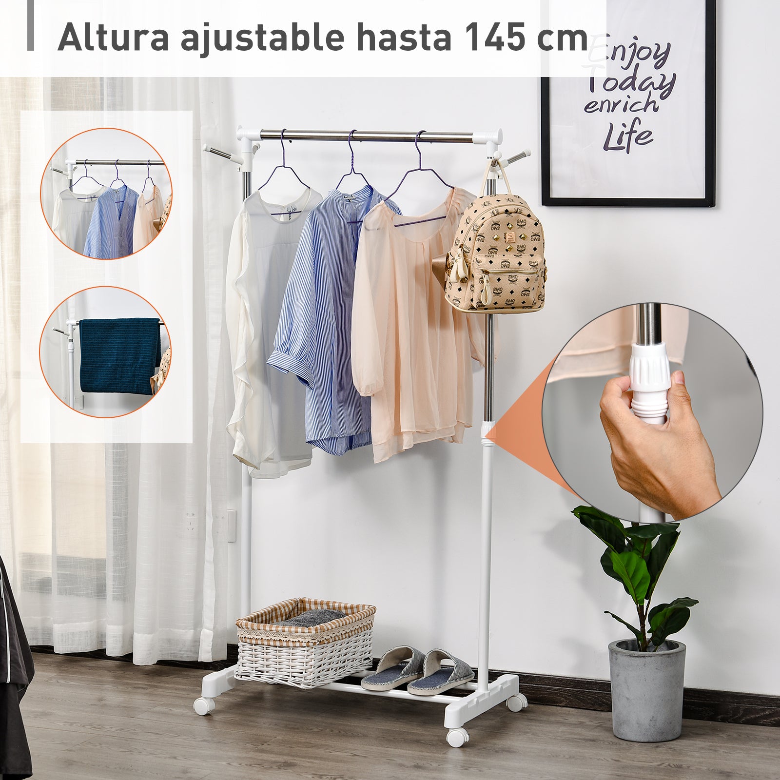 Standard Garment Rack with Adjustable Height Bar and Bottom Shelf on Wheels Stainless Steel Pipe 68.5x42x87-145 cm White Silver