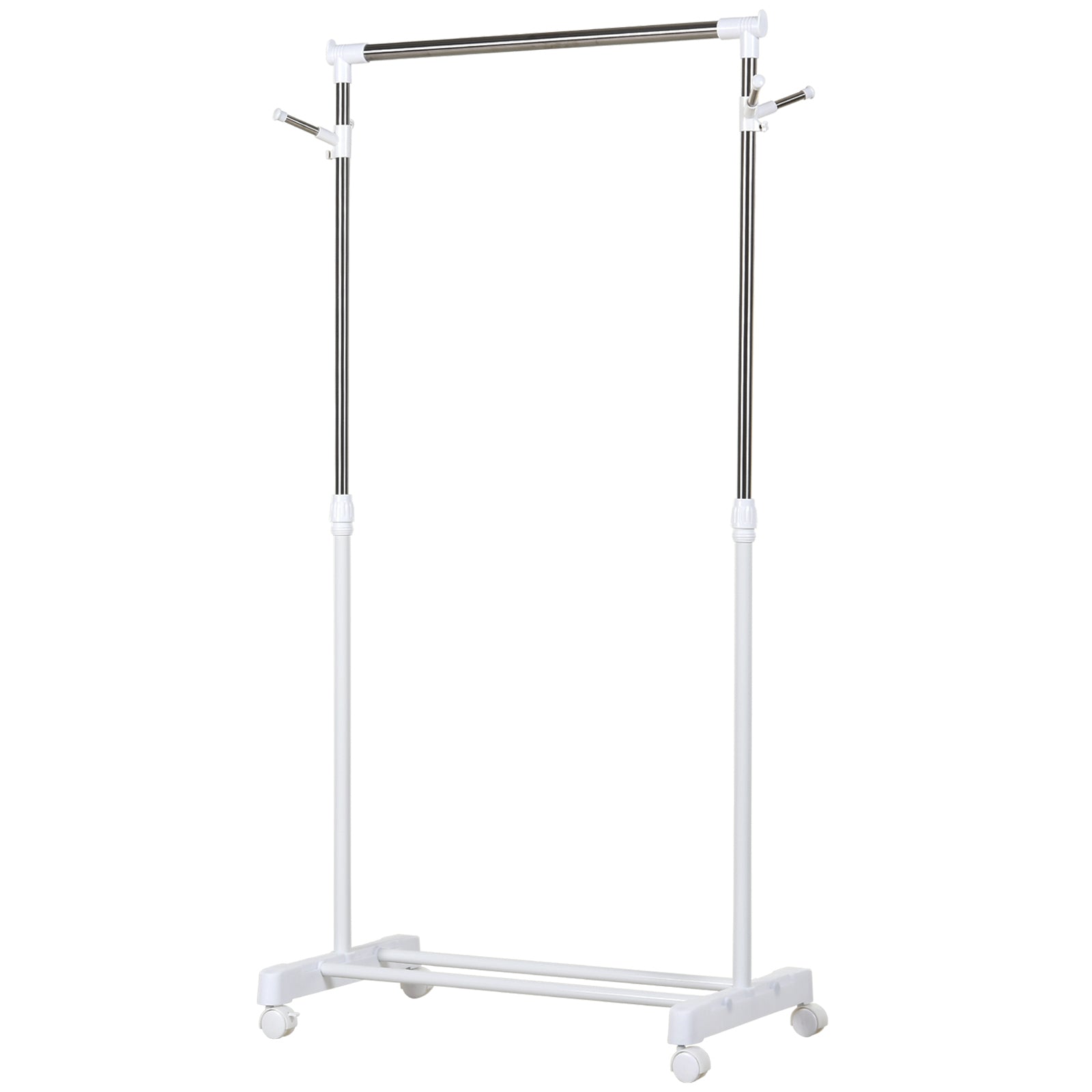 Standard Garment Rack with Adjustable Height Bar and Bottom Shelf on Wheels Stainless Steel Pipe 68.5x42x87-145 cm White Silver