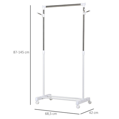 Standard Garment Rack with Adjustable Height Bar and Bottom Shelf on Wheels Stainless Steel Pipe 68.5x42x87-145 cm White Silver